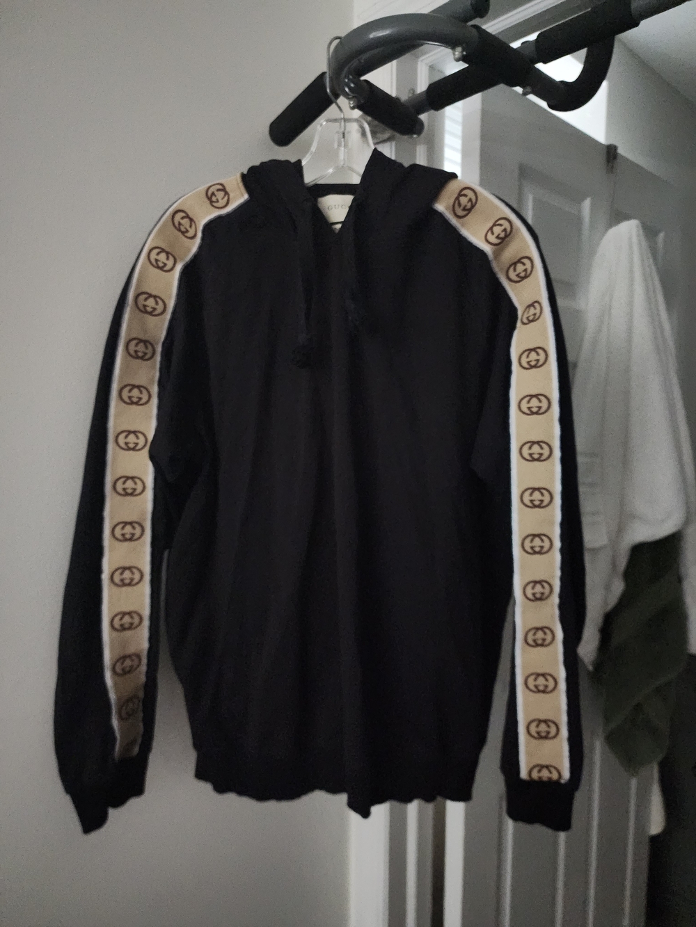 Gucci Black Zip Hoodie with Beige Logo Stripe